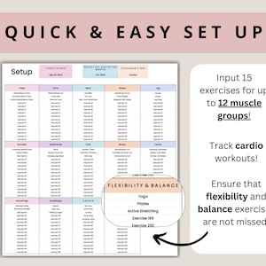 Puede incluir: Un planificador de entrenamiento imprimible con un esquema de color rosa, azul y naranja. El planificador incluye secciones para realizar un seguimiento de los ejercicios para 12 grupos musculares, entrenamientos de cardio y ejercicios de flexibilidad y equilibrio. El texto "QUICK & EASY SET UP" est&aacute; en la parte superior de la p&aacute;gina.