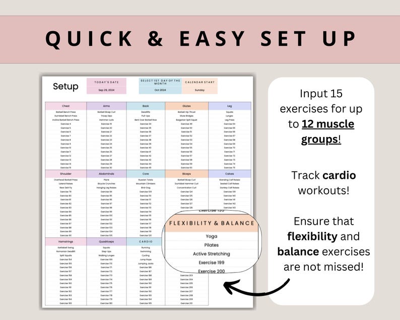 Puede incluir: Un planificador de entrenamiento imprimible con un esquema de color rosa, azul y naranja. El planificador incluye secciones para realizar un seguimiento de los ejercicios para 12 grupos musculares, entrenamientos de cardio y ejercicios de flexibilidad y equilibrio. El texto "QUICK & EASY SET UP" est&aacute; en la parte superior de la p&aacute;gina.