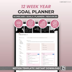 May include: A 12 Week Year Goal Planner Notion template featuring a digital dashboard with sections for Scorecard, Goals, Planners, and Resources. The interface includes four circular icons labeled Plan, Execute, Measure, and Review.