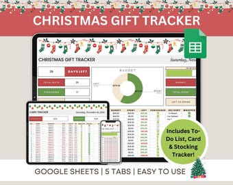 May include: A Christmas gift tracker spreadsheet template for Google Sheets. The template has five tabs: a gift tracker, a to-do list, a card tracker, a stocking tracker, and a budget tracker. The template is decorated with a festive Christmas theme.