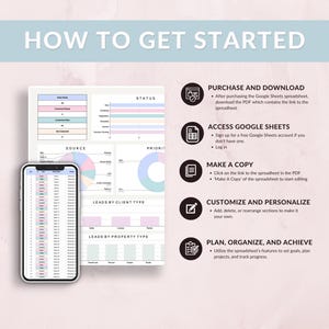 May include: A digital marketing spreadsheet guide with the text "HOW TO GET STARTED." The image shows a smartphone and a tablet displaying spreadsheet data, along with instructions on how to use the spreadsheet.