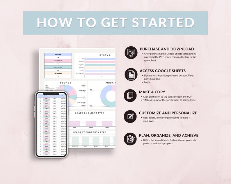 May include: A digital marketing spreadsheet guide with the text "HOW TO GET STARTED." The image shows a smartphone and a tablet displaying spreadsheet data, along with instructions on how to use the spreadsheet.