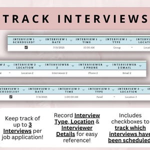 May include: A job interview tracker with the text "TRACK INTERVIEWS" at the top. The tracker includes fields for interview date, time, type, and location, with checkboxes to mark scheduled interviews. It allows tracking up to 3 interviews per job application.
