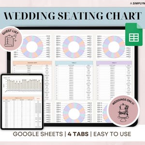 May include: Digital wedding seating chart displayed on a tablet and a larger screen. The chart features guest lists, table assignments, and meal selections. The design includes colorful pie charts and the text "WEDDING SEATING CHART".