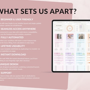May include: A digital tablet displaying a spreadsheet with a goal tracker. The text reads "WHAT SETS US APART?" with bullet points describing features like "Beginner & User Friendly" and "Instant Download". The background is a soft pink.