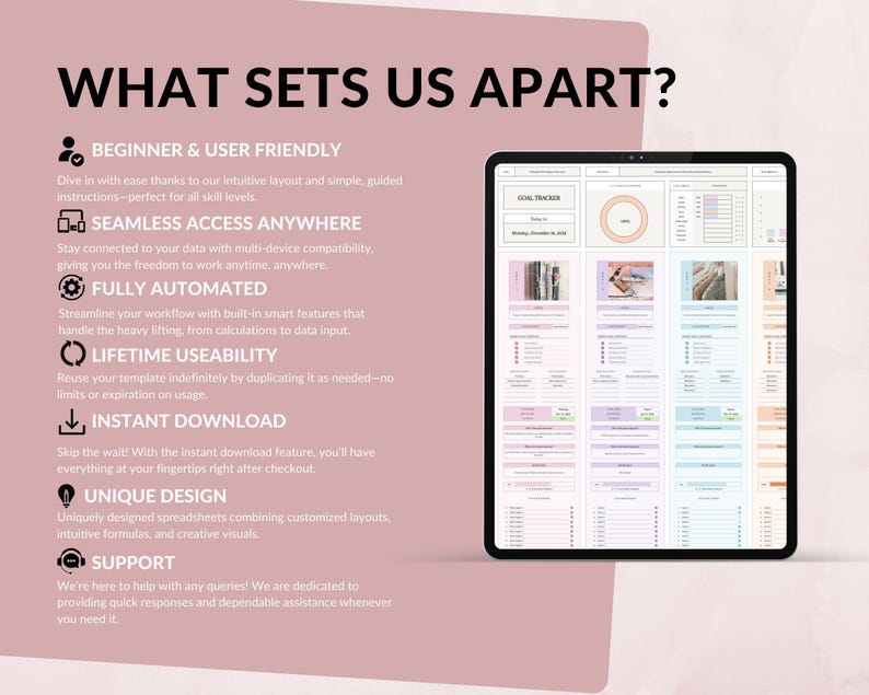 May include: A digital tablet displaying a spreadsheet with a goal tracker. The text reads "WHAT SETS US APART?" with bullet points describing features like "Beginner & User Friendly" and "Instant Download". The background is a soft pink.