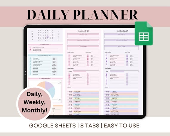Digital Planner Spreadsheet Google Sheets Time Blocking Monthly Calendar Planner To Do List Weekly Schedule Daily Routine Task Tracker