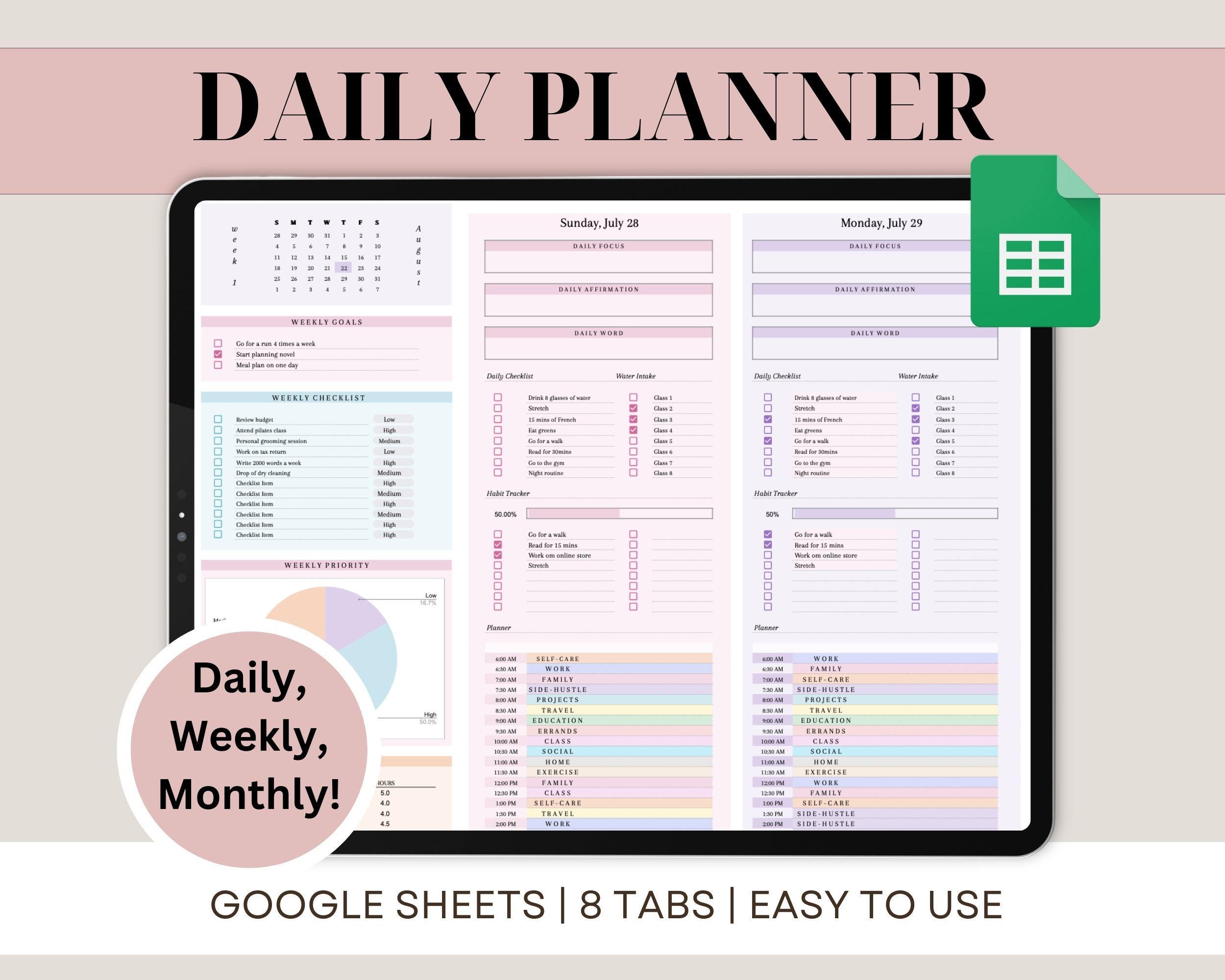 Digital Planner Spreadsheet Google Sheets Time Blocking Monthly Calendar Planner To Do List Weekly Schedule Daily Routine Task Tracker