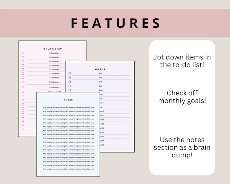 May include: A printable planner with sections for to-do lists, goals, and notes. The planner has a light pink and blue colour scheme.