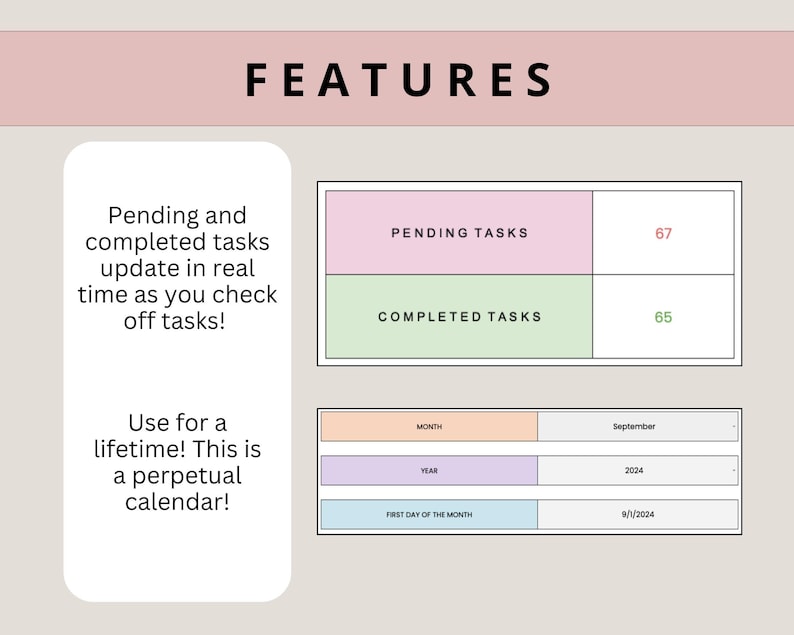 May include: A pink and green calendar with the text "FEATURES" at the top. The calendar has a section for pending and completed tasks, with a counter for each. The calendar also has sections for month, year, and the first day of the month.