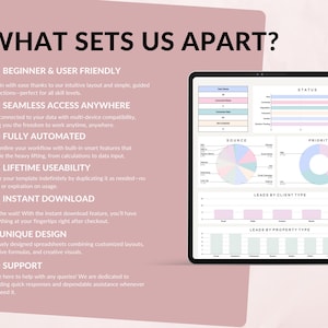 May include: A digital tablet shows a spreadsheet with charts and graphs, set against a pink background. Text on the left highlights features like user-friendliness, seamless access, automation, and instant download. The title reads "WHAT SETS US APART?"