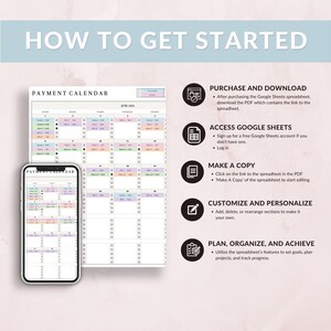 K&ouml;nnte beinhalten: Ein digitaler Zahlungskalender, der auf einem Smartphone und einem gr&ouml;&szlig;eren Ausdruck angezeigt wird. Der Kalender ist mit farbigen Abschnitten organisiert und der Text "HOW TO GET STARTED" steht oben. Anweisungen zur Verwendung sind rechts aufgef&uuml;hrt.