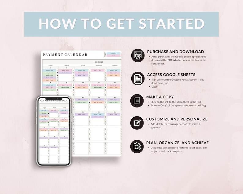 K&ouml;nnte beinhalten: Ein digitaler Zahlungskalender, der auf einem Smartphone und einem gr&ouml;&szlig;eren Ausdruck angezeigt wird. Der Kalender ist mit farbigen Abschnitten organisiert und der Text "HOW TO GET STARTED" steht oben. Anweisungen zur Verwendung sind rechts aufgef&uuml;hrt.