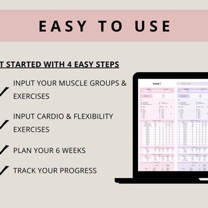 Puede incluir: Un planificador digital rosa y blanco con una pantalla de computadora port&aacute;til que muestra un programa de entrenamiento. El planificador se titula "F&aacute;cil de usar" e incluye cuatro pasos para comenzar: ingresar grupos musculares y ejercicios, ingresar ejercicios de cardio y flexibilidad, planificar tus seis semanas y hacer un seguimiento de tu progreso.