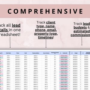 May include: A spreadsheet with the word "COMPREHENSIVE" at the top. The spreadsheet is designed to track lead details, client information, and estimated commissions. Text on the image includes "Track all lead details in one spreadsheet!"
