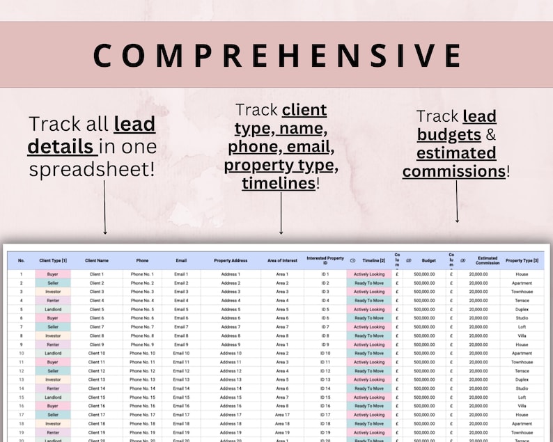 May include: A spreadsheet with the word "COMPREHENSIVE" at the top. The spreadsheet is designed to track lead details, client information, and estimated commissions. Text on the image includes "Track all lead details in one spreadsheet!"