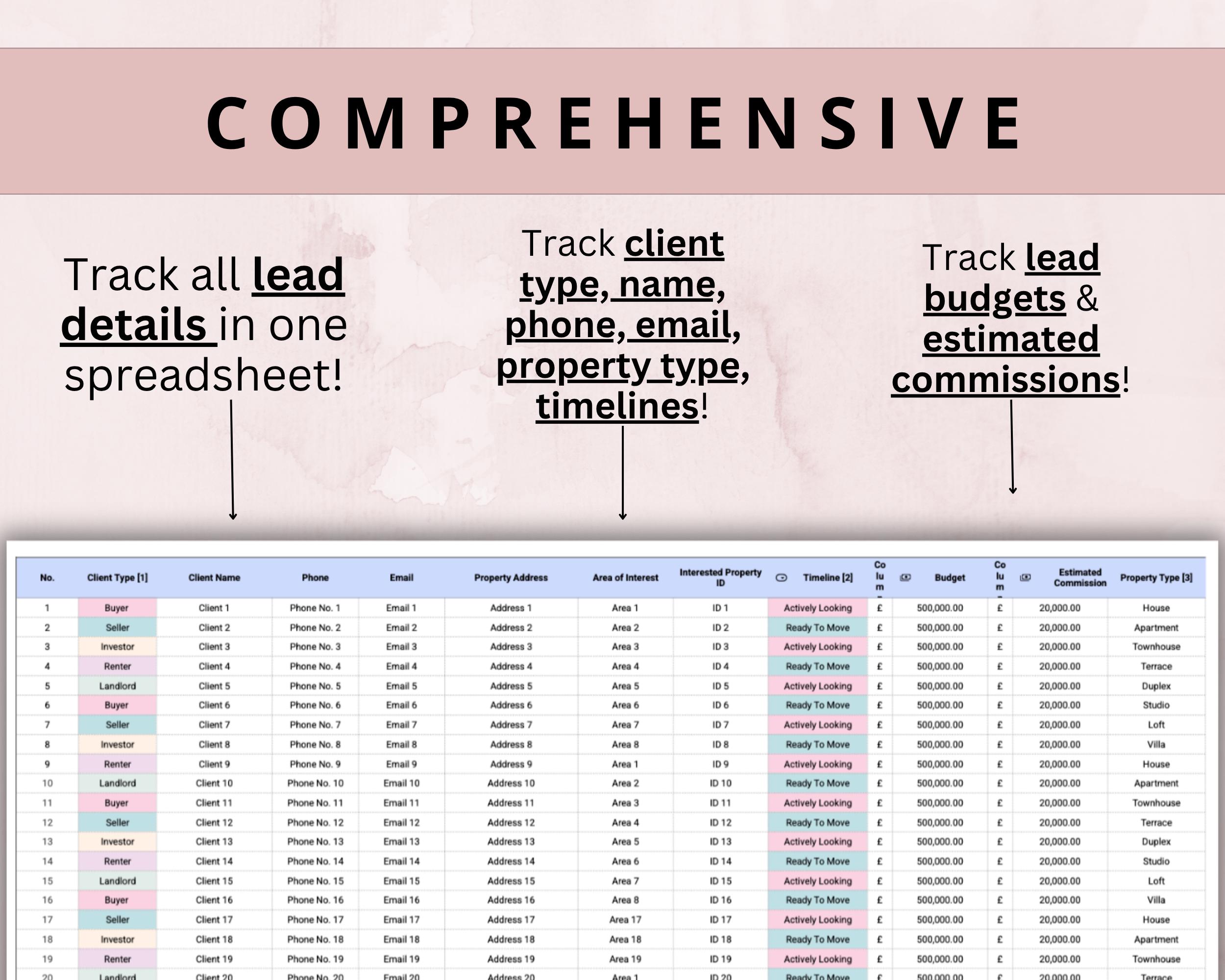 Real Estate Lead Tracker Google Sheets Spreadsheet CRM for Agents ...