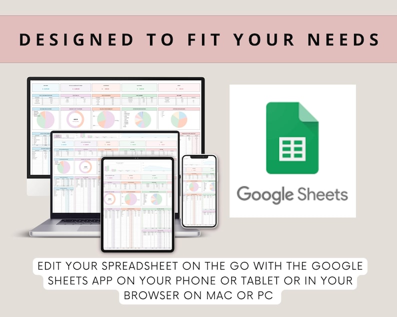 Pu&ograve; includere: Immagine che mostra un design di foglio di calcolo su un computer desktop, un laptop, un tablet e uno smartphone. Il logo di Google Sheets viene visualizzato accanto ai dispositivi. Il testo in alto recita "DESIGNED TO FIT YOUR NEEDS". Il testo in basso recita "EDIT YOUR SPREADSHEET ON THE GO WITH THE GOOGLE SHEETS APP ON YOUR PHONE OR TABLET OR IN YOUR BROWSER ON MAC OR PC."