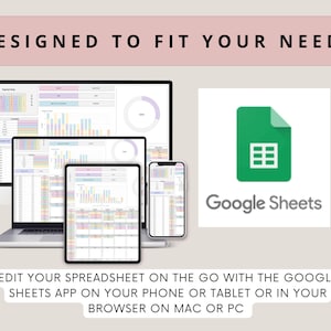 May include: A screenshot showing a Google Sheets spreadsheet on a laptop, tablet, and phone. The text "DESIGNED TO FIT YOUR NEEDS" is at the top of the image. The text "EDIT YOUR SPREADSHEET ON THE GO WITH THE GOOGLE SHEETS APP ON YOUR PHONE OR TABLET OR IN YOUR BROWSER ON MAC OR PC" is at the bottom of the image.