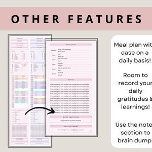 May include: A pink and white printable planner with sections for meal planning, notes, daily gratitudes, and daily learning. The planner has a simple design with a pink background and white text.