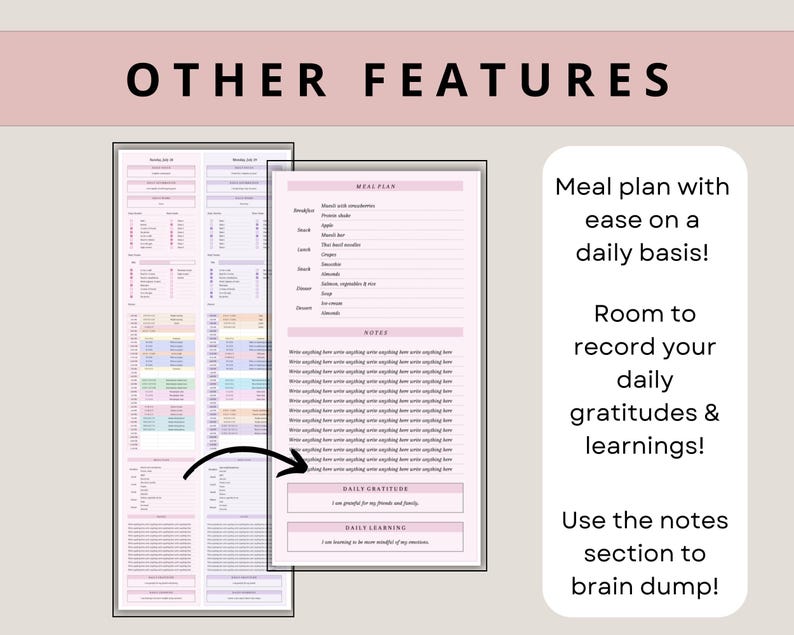 May include: A pink and white printable planner with sections for meal planning, notes, daily gratitudes, and daily learning. The planner has a simple design with a pink background and white text.