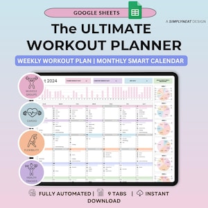 Puede incluir: Un planificador de entrenamiento digital para Google Sheets titulado The Ultimate Workout Planner. Incluye un calendario mensual, un plan de entrenamiento semanal y gráficos de progreso. Cuatro iconos circulares representan grupos musculares, cardio, flexibilidad y seguimiento de salud.