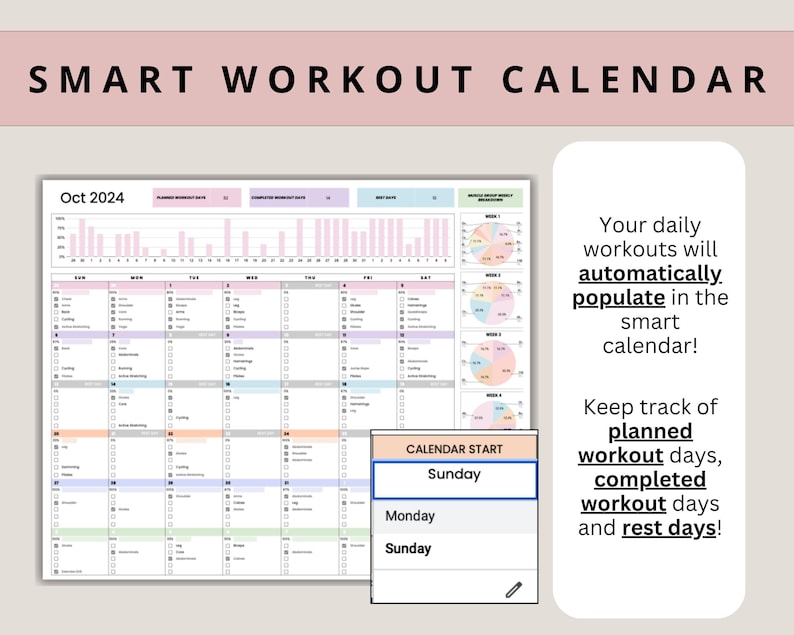 Puede incluir: Un calendario de entrenamiento imprimible rosa y blanco para octubre de 2024. El calendario incluye el seguimiento diario del entrenamiento, gr&aacute;ficos de progreso semanales y una secci&oacute;n para establecer objetivos de entrenamiento. El texto "CALENDAR START" est&aacute; resaltado en un cuadro rosa.