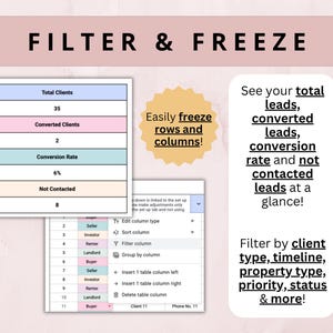 May include: A graphic with the text "FILTER & FREEZE" at the top. The image includes data tables and text highlighting features like filtering by client type and freezing rows and columns. The image is on a light pink background.