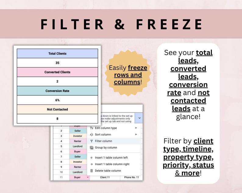 May include: A graphic with the text "FILTER & FREEZE" at the top. The image includes data tables and text highlighting features like filtering by client type and freezing rows and columns. The image is on a light pink background.
