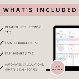 Pu&ograve; includere: Uno schermo di computer che mostra un foglio di calcolo con grafici e dati. L'immagine include il testo "WHAT'S INCLUDED" ed elenca funzionalit&agrave; come istruzioni dettagliate, un esempio di budget e calcoli automatizzati.