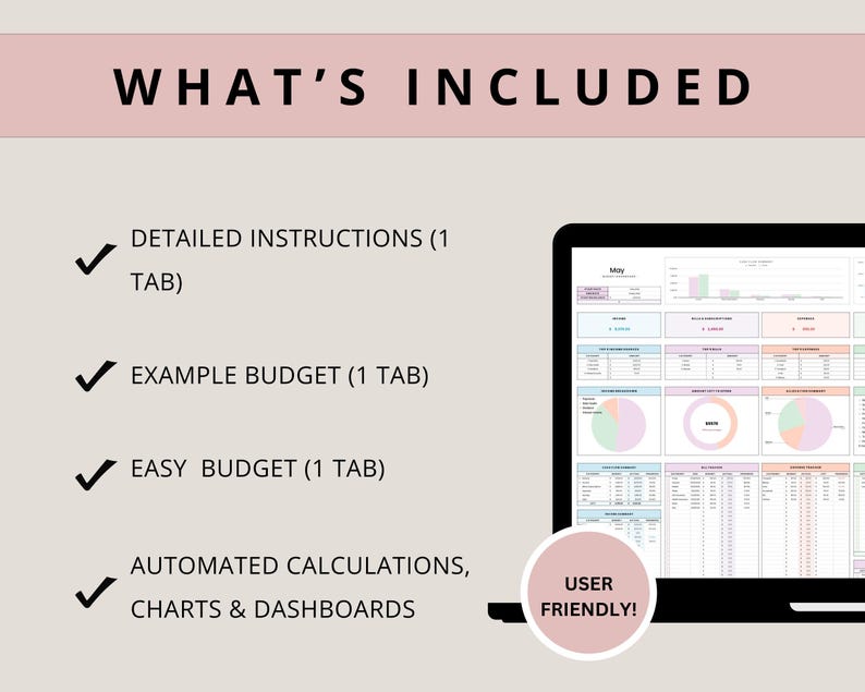 Pu&ograve; includere: Uno schermo di computer che mostra un foglio di calcolo con grafici e dati. L'immagine include il testo "WHAT'S INCLUDED" ed elenca funzionalit&agrave; come istruzioni dettagliate, un esempio di budget e calcoli automatizzati.