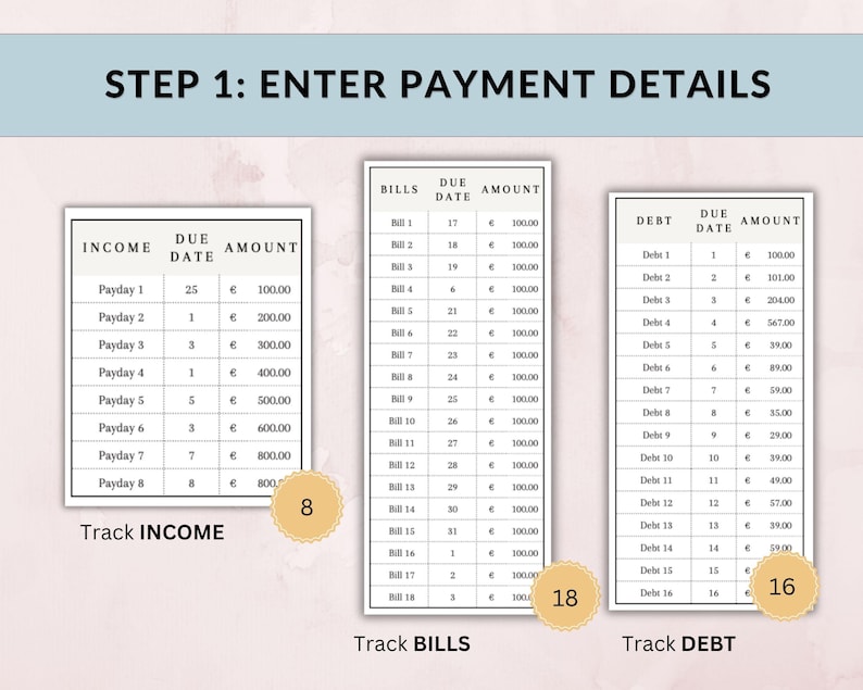 K&ouml;nnte beinhalten: Grafik zur Finanzplanung mit dem Text "STEP 1: ENTER PAYMENT DETAILS". Drei Tabellen erfassen Einnahmen, Rechnungen und Schulden, mit Spalten f&uuml;r F&auml;lligkeitsdaten und Betr&auml;ge. Die Betr&auml;ge sind in Euro angegeben.