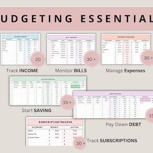 Pu&ograve; includere: Una raccolta di modelli di budget stampabili con il testo "Budgeting Essentials". I modelli includono tracker per entrate, bollette, spese, risparmi, debiti e abbonamenti. Ogni modello &egrave; codificato a colori e include sezioni per budget e importi effettivi.