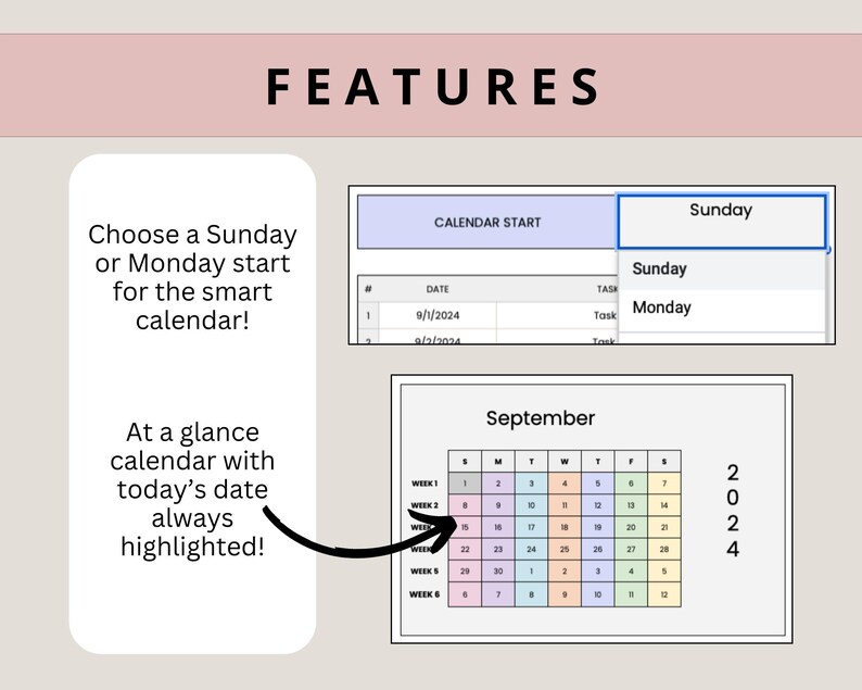 May include: A screenshot of a computer screen showing a calendar app with features highlighted. The app allows users to choose a Sunday or Monday start for the calendar. The calendar also highlights today's date. The text "CALENDAR START" and "September 2024" are visible.