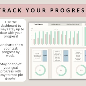 May include: A printable dashboard with a light blue, pink, and green color scheme. The dashboard is designed to track progress towards three goals. The goals are: Finish writing the first 15 chapters of a novel, lose 15 pounds through a balanced diet and regular exercise, and create a website for selling digital products online. The dashboard includes bar charts and pie charts to track progress over time. The dashboard also includes a countdown timer.