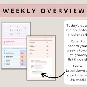 May include: A printable weekly planner with a calendar, to-do list, grocery list, and goal setting sections. The planner has a pink, blue, and green color scheme.