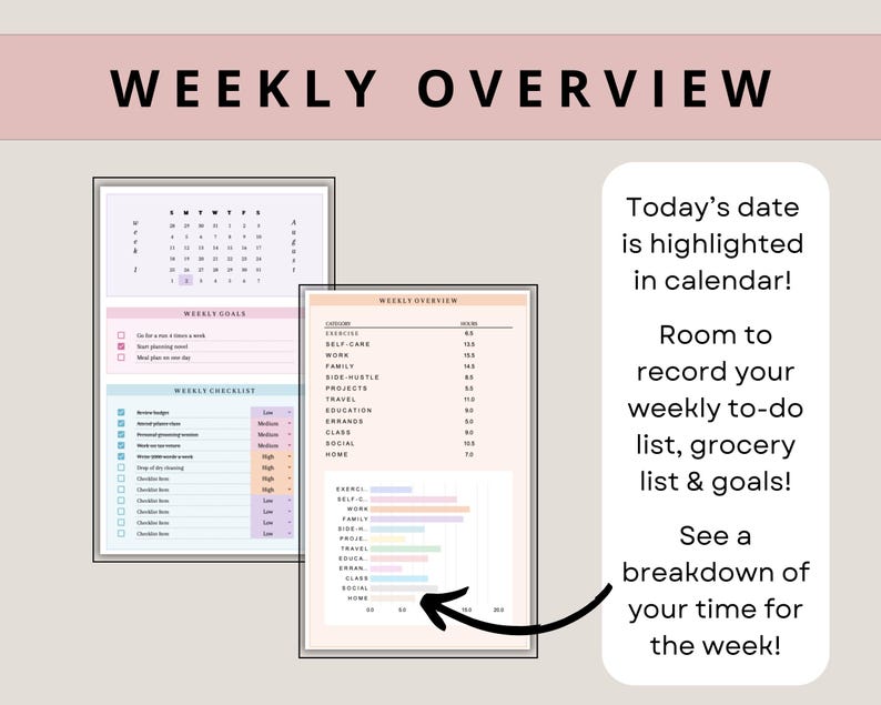 May include: A printable weekly planner with a calendar, to-do list, grocery list, and goal setting sections. The planner has a pink, blue, and green color scheme.