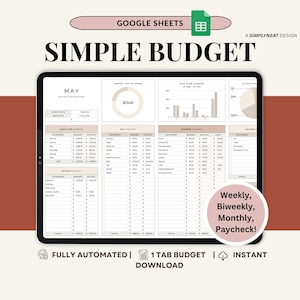 Op de afbeelding: Een digitaal Google Sheets sjabloon voor een eenvoudig budget op een tabletscherm. De interface bevat secties voor het mei budget dashboard, kasstroomoverzicht, factuurtracker, onkostenoverzicht, inkomstenoverzicht en spaardoelen met grafieken.