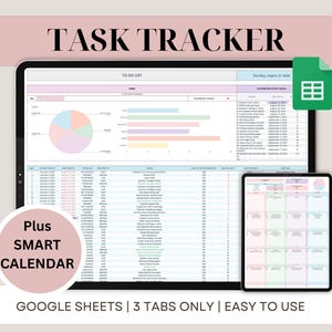 Peut inclure: Un modèle de feuille de calcul Google pour le suivi des tâches avec trois onglets : Liste des tâches à faire, Tâches à venir et Calendrier intelligent. L'onglet Liste des tâches à faire présente un diagramme circulaire et des graphiques à barres aux couleurs pastel. L'onglet Calendrier intelligent présente une mise en page en grille avec des couleurs pastel.