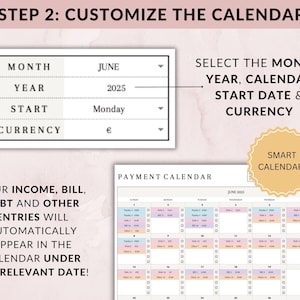 K&ouml;nnte beinhalten: Digitale Zahlungskalender-Oberfl&auml;che mit Optionen zur Anpassung von Monat, Jahr, Startdatum und W&auml;hrung. Der Kalender zeigt ein Raster mit Daten und Feldern f&uuml;r Einnahmen, Rechnungen und Schulden. Text: "Smart Calendar!"
