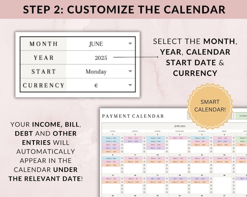 K&ouml;nnte beinhalten: Digitale Zahlungskalender-Oberfl&auml;che mit Optionen zur Anpassung von Monat, Jahr, Startdatum und W&auml;hrung. Der Kalender zeigt ein Raster mit Daten und Feldern f&uuml;r Einnahmen, Rechnungen und Schulden. Text: "Smart Calendar!"
