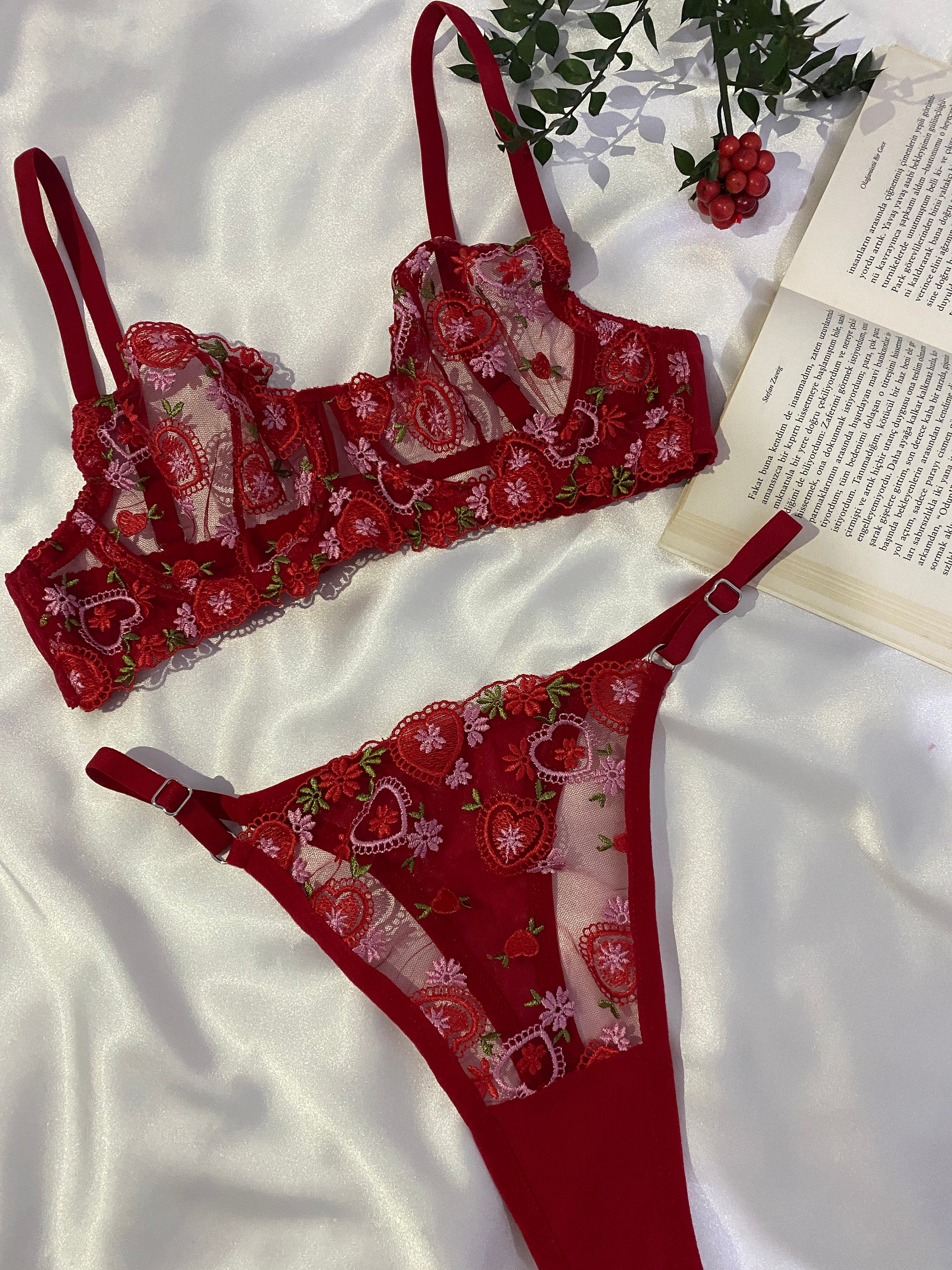 Valentine's Gift for Her Dark Red Lace Bra and Tanga Set in