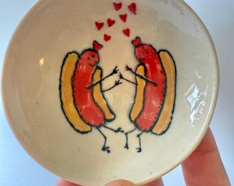Hotdog Ceramic Wedding Ring Dish. Sausage Party! Hand Thrown and Painted by Me:) Each piece is unique and one of a kind!
