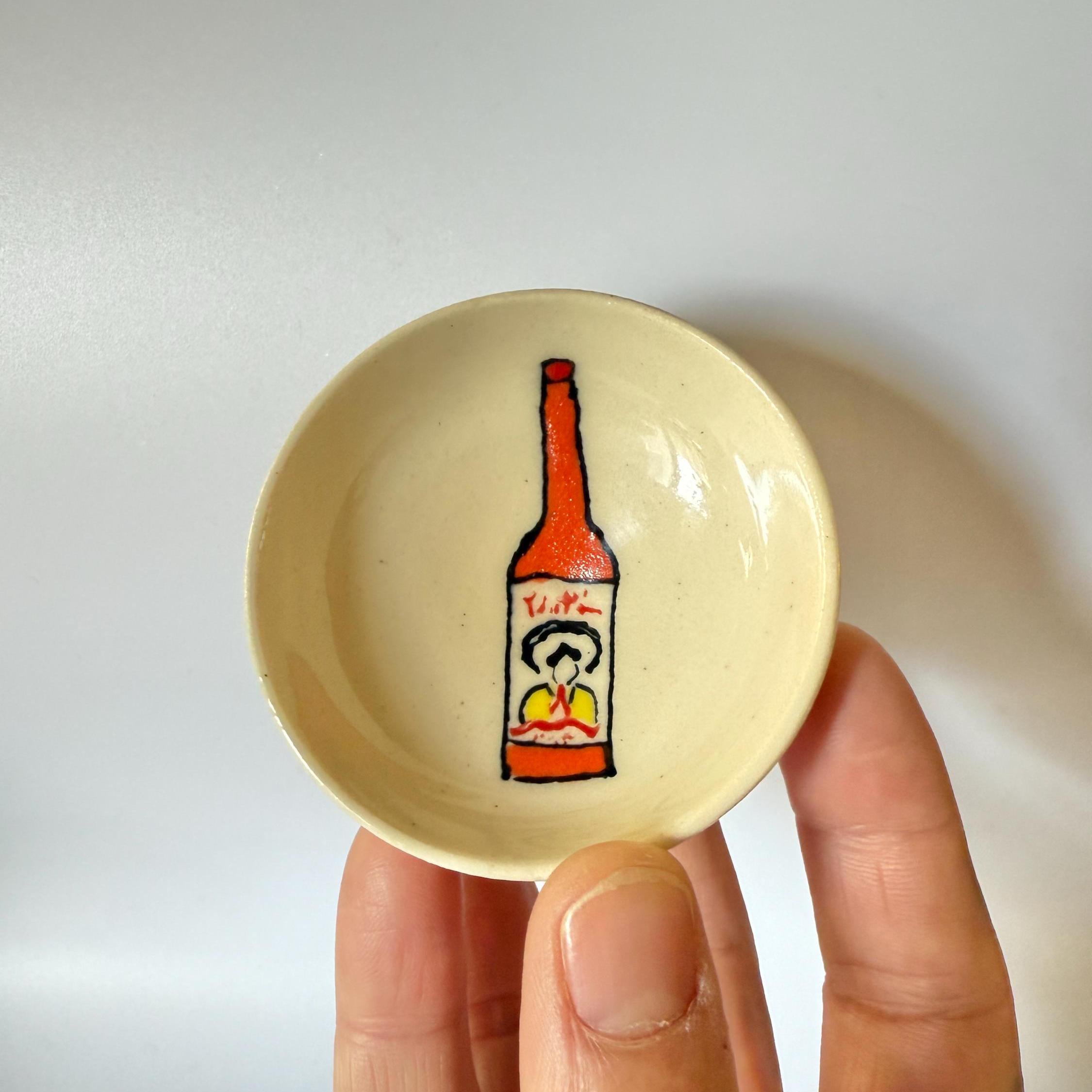 Tiny Tapatio Ceramic Ring Dish. Pill Dish. Hot Sauce Dish. Hand Thrown. Hand Painted. Unique and one of a kind made by me.