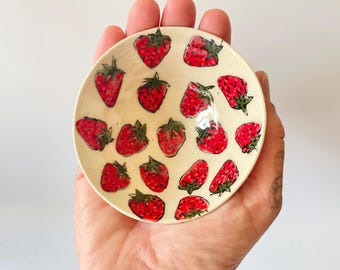 Ceramic Strawberry Wedding Ring Dish, Candy Dish, Treasure Bowl.  Hand Thrown, Hand Painted Ceramic Bowl. Each piece is one of a kind!