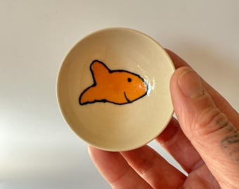 Tiny Goldfish Cracker Ceramic Dish. Ring Dish. Pill Dish. Hand Thrown and hand painted by me.  Each piece is unique and one of a kind.
