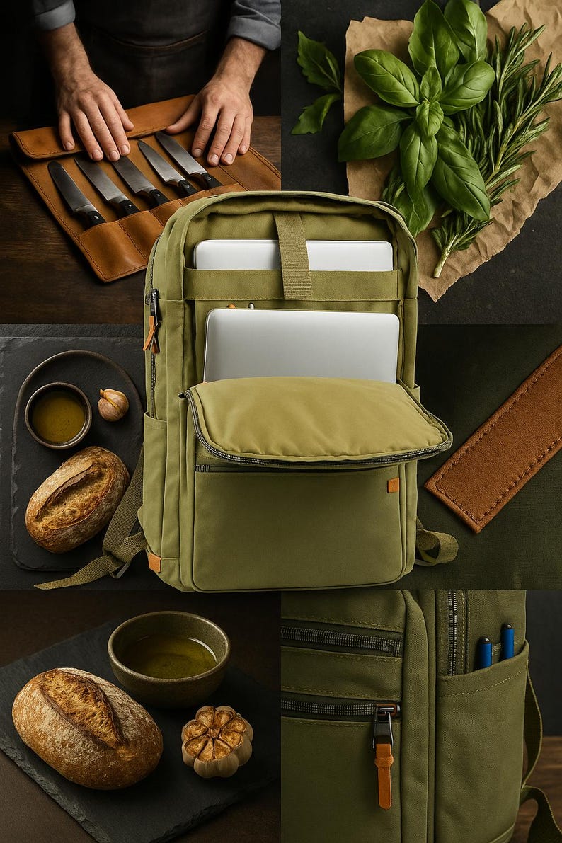 Waxed nylon chef knife backpack with built-in leather knife roll and laptop sleeve