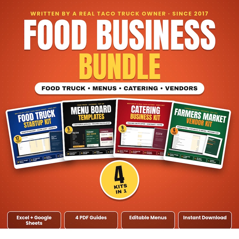 Food business template bundle: food truck, catering, menu and farmers market kits