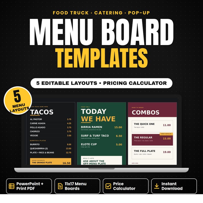 Editable food truck menu board templates in PowerPoint