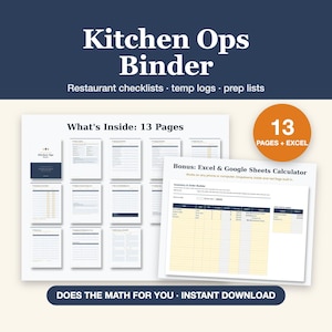 Restaurant Checklist Bundle, Opening Closing Checklist, Temperature Log, Prep List, Food Truck Kitchen Binder (PDF + Excel)